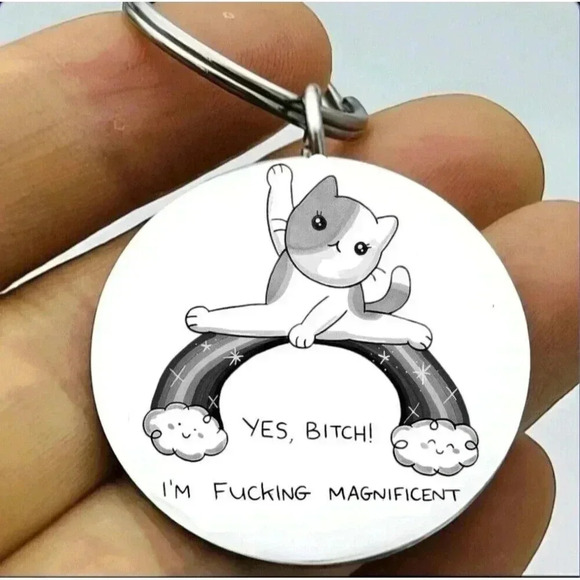 Kitty Cat Jumping Over Rainbow Cloud I'm Magnificent Funny Cute Keychain - Picture 1 of 1